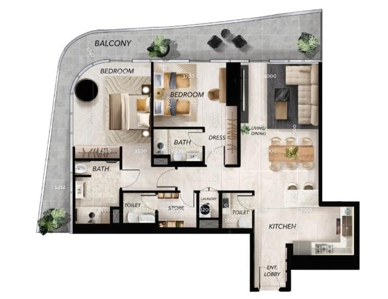 2 Bedroom Virtual Tour with balcony views at Radiant WAves